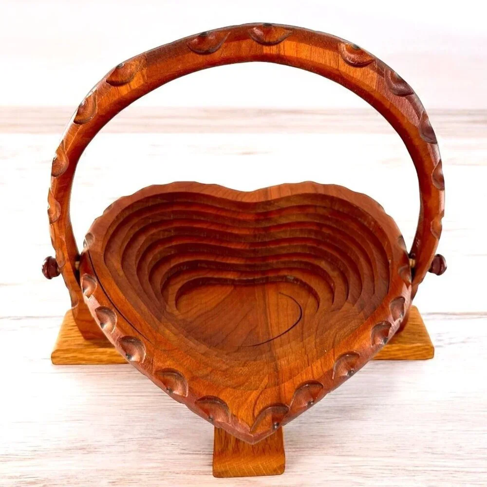 Vintage Handmade Heart Shape Folding Wooden Cedar Basket Victorian Farmhouse